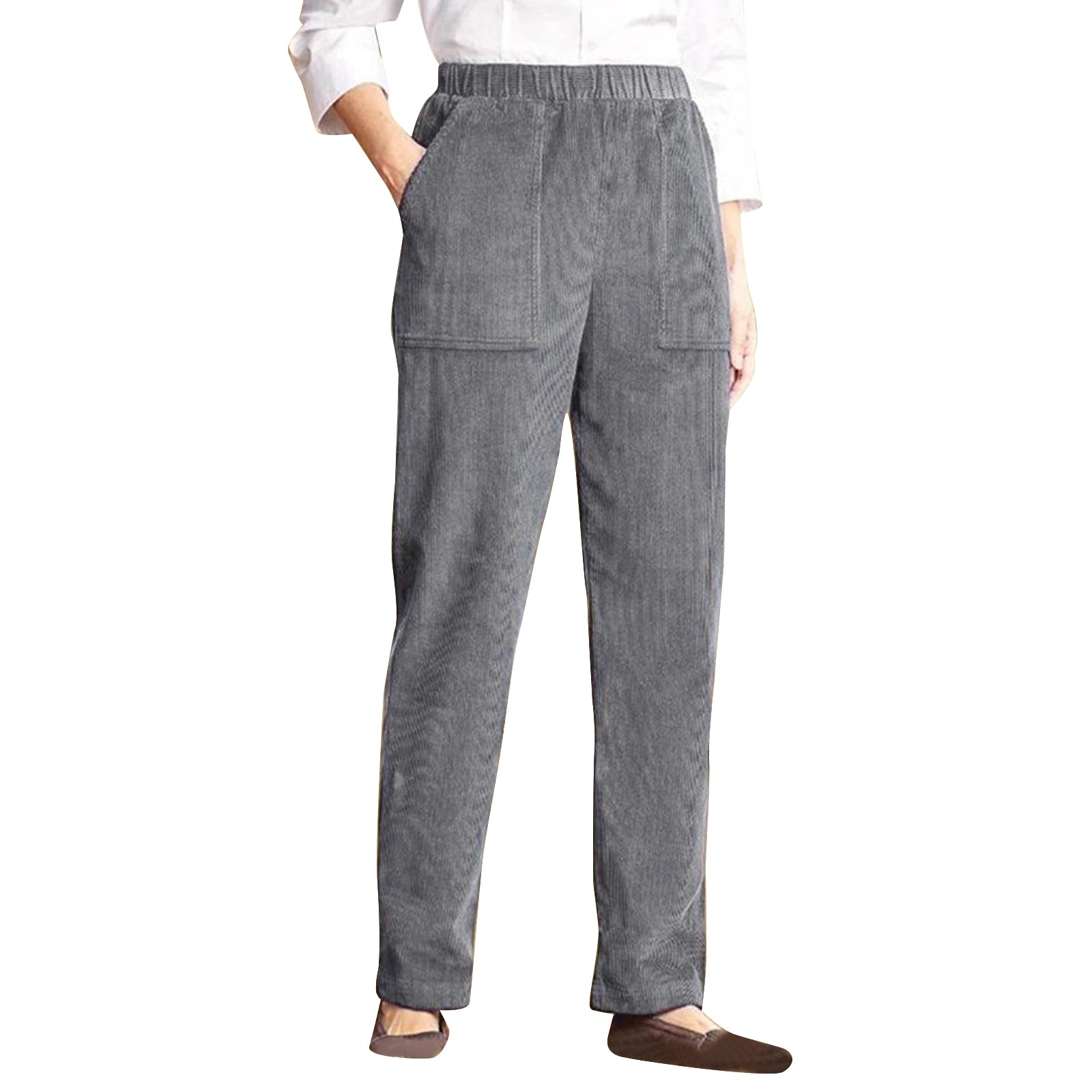 Pantalones informales de mujer con cintura elástica y rayas - Diseño con bolsillos, corte recto, mezcla de poliéster y spandex (tallas S-XXL)